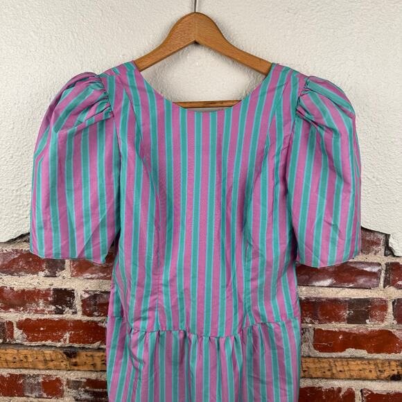 Vintage Jane Schaffhausen Dress Sz 4 Pink Blue Stripe Puff Sleeve Zip Up USA 80s - Picture 2 of 5